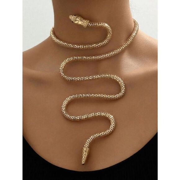 ✨🐍 Gold Snake Bendable Design Blingy Statement Open Choker Necklace NEW - Picture 7 of 10